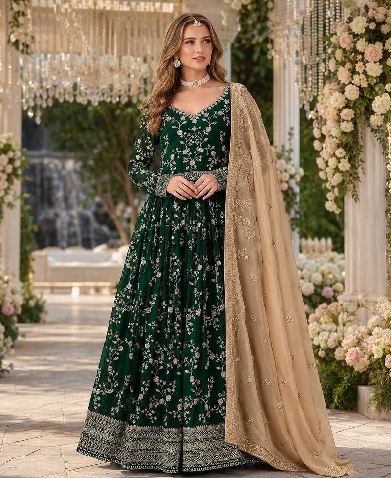 Dark green faux georgette jacquard embroidered work semi stitched anarkali suit