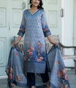 Women Floral Printed Regular Chanderi Silk Kurta with Trousers & With Dupatta