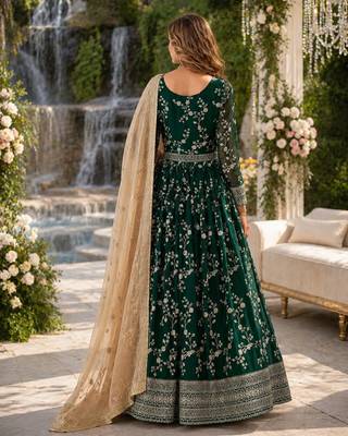 Dark green faux georgette jacquard embroidered work semi stitched anarkali suit 2