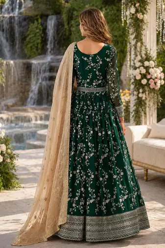 Dark green faux georgette jacquard embroidered work semi stitched anarkali suit