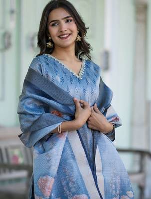 Women Floral Printed Regular Chanderi Silk Kurta with Trousers & With Dupatta 7