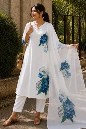 Cream cotton silk printed kurta set