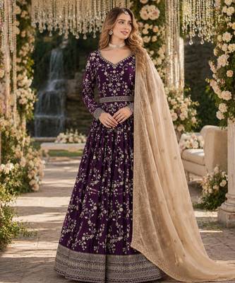 Purple faux georgette jacquard embroidered work semi stitched anarkali suit 1