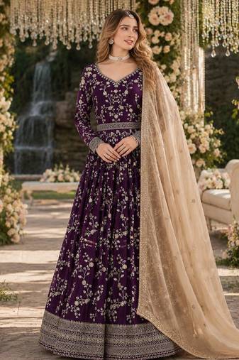 Purple faux georgette jacquard embroidered work semi stitched anarkali suit