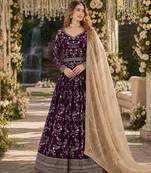 Purple faux georgette jacquard embroidered work semi stitched anarkali suit