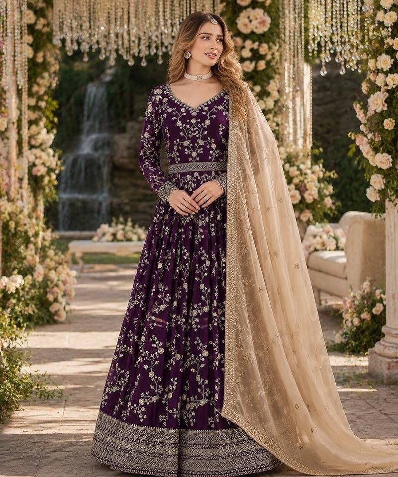 Purple faux georgette jacquard embroidered work semi stitched anarkali suit