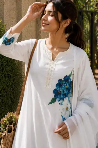 Cream cotton silk printed kurta set
