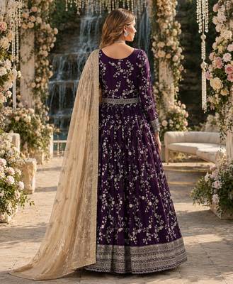 Purple faux georgette jacquard embroidered work semi stitched anarkali suit 2