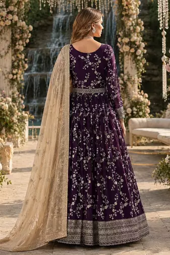 Purple faux georgette jacquard embroidered work semi stitched anarkali suit