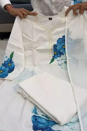 Cream cotton silk printed kurta set