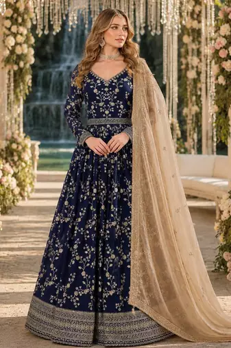 Navy blue faux georgette jacquard embroidered work semi stitched anarkali suit