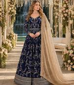 Navy blue faux georgette jacquard embroidered work semi stitched anarkali suit