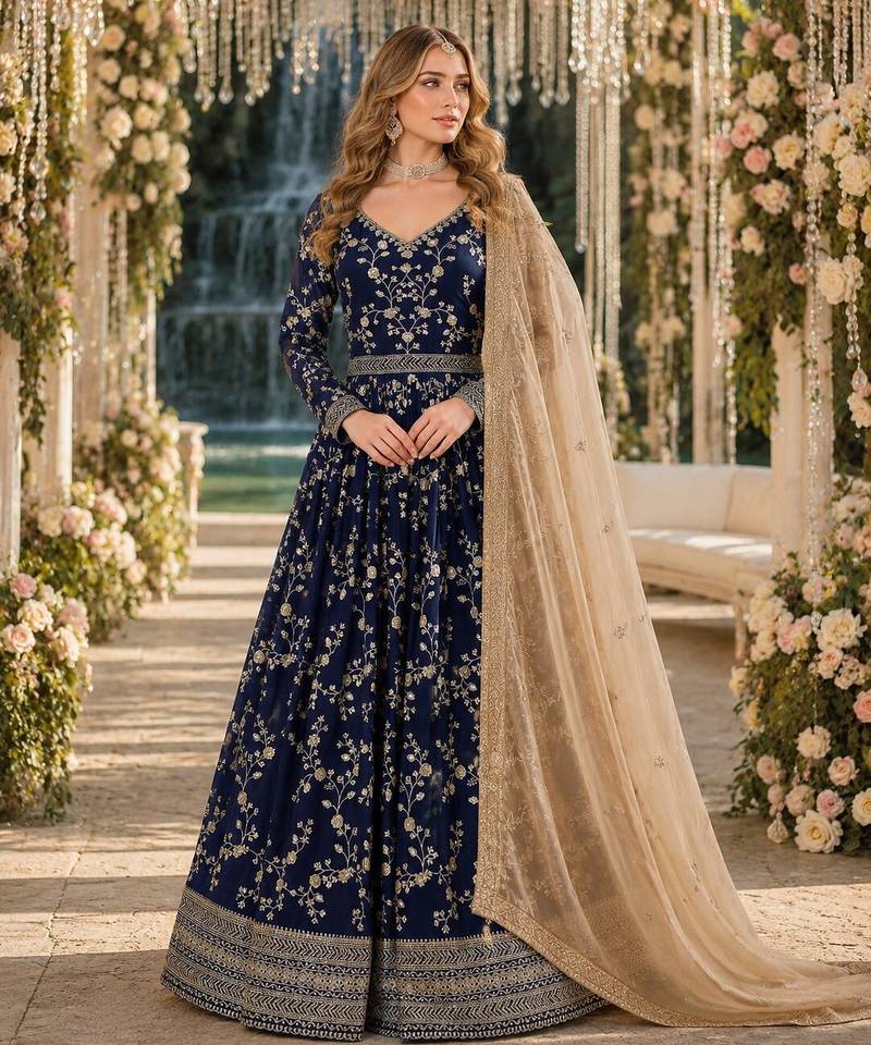 Navy blue faux georgette jacquard embroidered work semi stitched anarkali suit