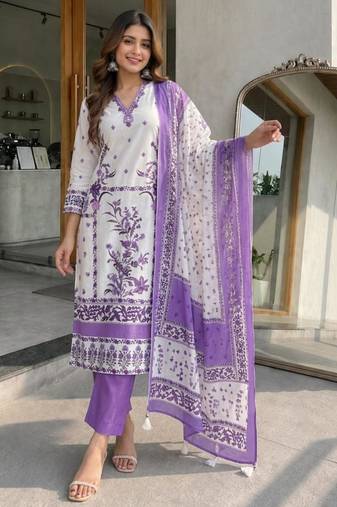 Cream silk blend printed kurta set
