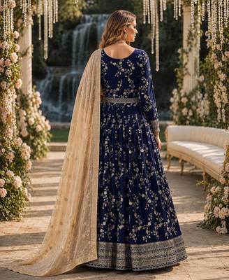 Navy blue faux georgette jacquard embroidered work semi stitched anarkali suit 2
