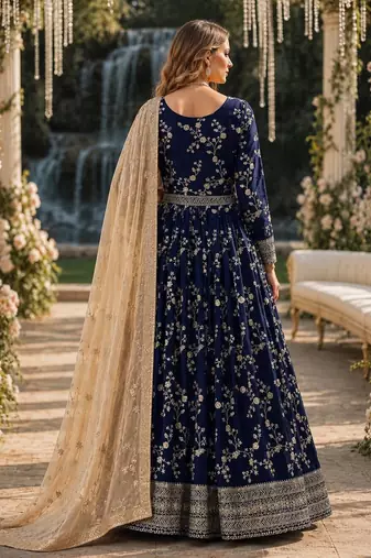 Navy blue faux georgette jacquard embroidered work semi stitched anarkali suit