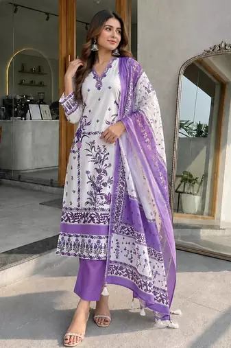 Cream silk blend printed kurta set