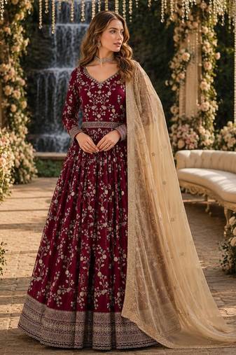 Red faux georgette jacquard embroidered work semi stitched anarkali suit