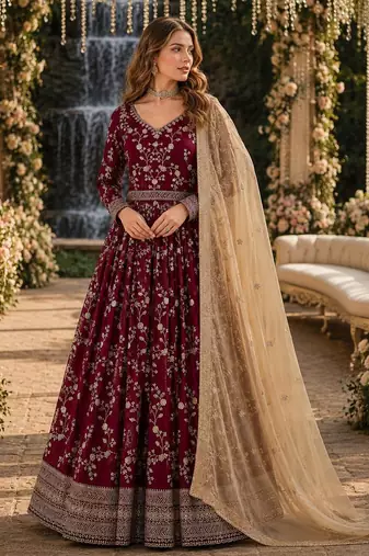 Red faux georgette jacquard embroidered work semi stitched anarkali suit