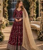 Red faux georgette jacquard embroidered work semi stitched anarkali suit