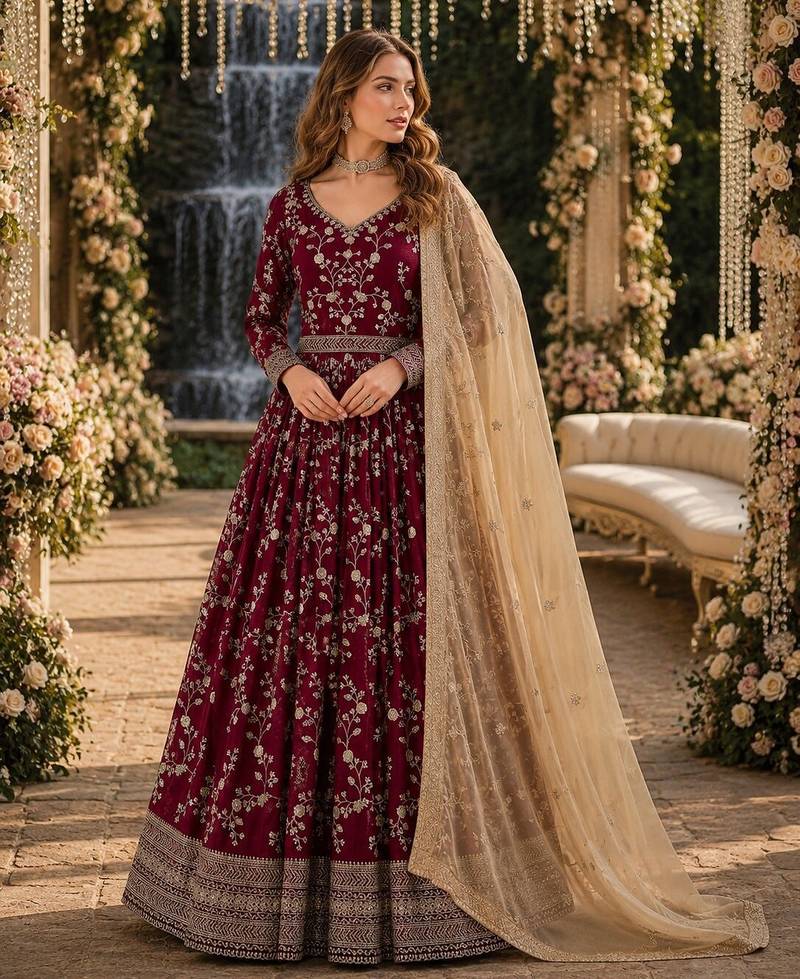 Red faux georgette jacquard embroidered work semi stitched anarkali suit
