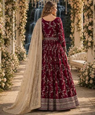 Red faux georgette jacquard embroidered work semi stitched anarkali suit 2