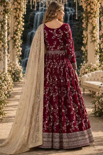 Red faux georgette jacquard embroidered work semi stitched anarkali suit