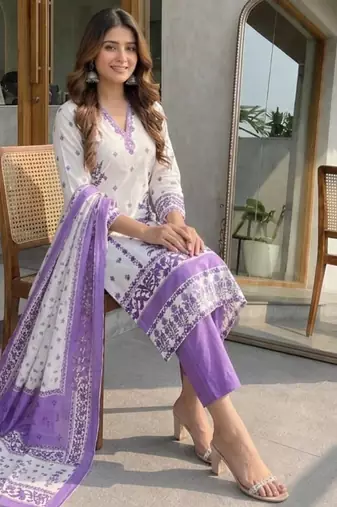 Cream silk blend printed kurta set