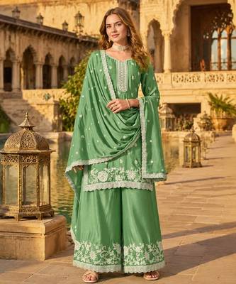 Green heavy chinon semi stitched palazzo suit with embroidey work 1