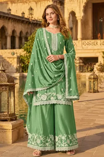 Green heavy chinon semi stitched palazzo suit with embroidey work