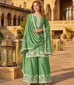 Green heavy chinon semi stitched palazzo suit with embroidey work