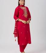 Red silk blend embroidered kurta set