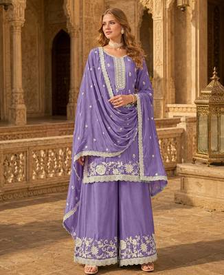 Lavender heavy chinon semi stitched palazzo suit with embroidey work 1