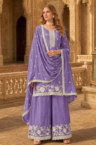 Lavender heavy chinon semi stitched palazzo suit with embroidey work