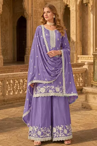 Lavender heavy chinon semi stitched palazzo suit with embroidey work