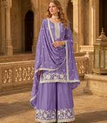 Lavender heavy chinon semi stitched palazzo suit with embroidey work