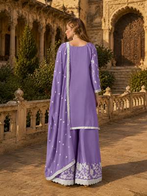 Lavender heavy chinon semi stitched palazzo suit with embroidey work 2