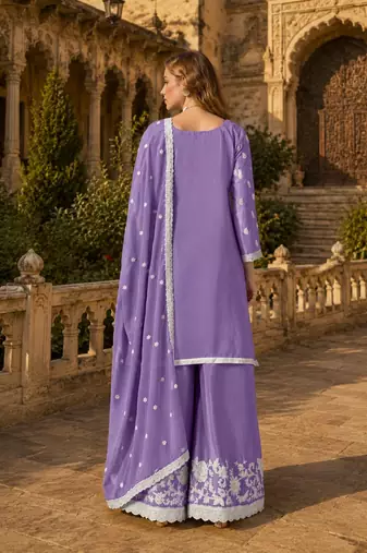 Lavender heavy chinon semi stitched palazzo suit with embroidey work