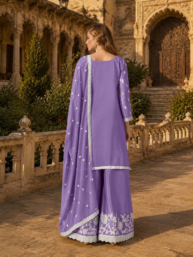 Lavender heavy chinon semi stitched palazzo suit with embroidey work