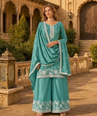 Sky blue heavy chinon semi stitched palazzo suit with embroidey work 1
