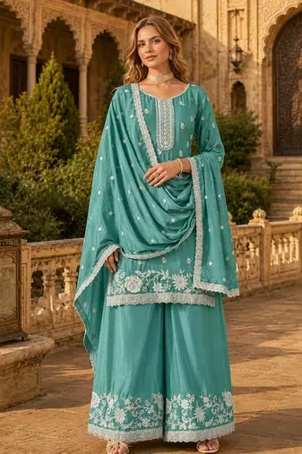 Sky blue heavy chinon semi stitched palazzo suit with embroidey work