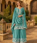 Sky blue heavy chinon semi stitched palazzo suit with embroidey work