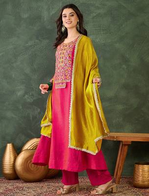 Women's Gorgeous Embroidery Work Vichitra Silk Fabric Flared Kurta Pant and Dupatta Set 1