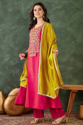 Women's Gorgeous Embroidery Work Vichitra Silk Fabric Flared Kurta Pant and Dupatta Set