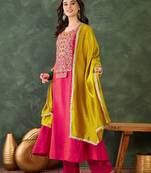 Women's Gorgeous Embroidery Work Vichitra Silk Fabric Flared Kurta Pant and Dupatta Set