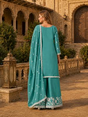 Sky blue heavy chinon semi stitched palazzo suit with embroidey work 2