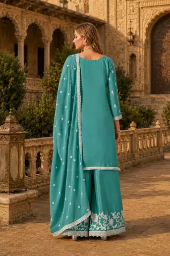 Sky blue heavy chinon semi stitched palazzo suit with embroidey work