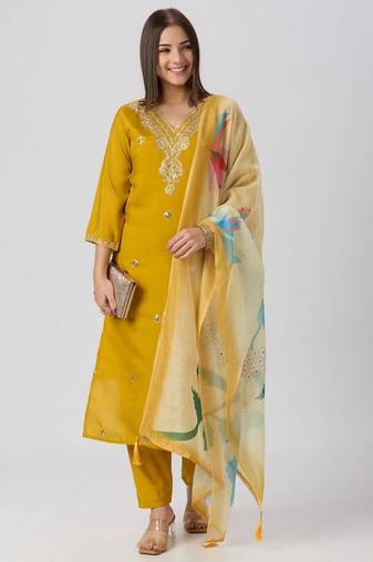 Yellow silk blend printed kurta set