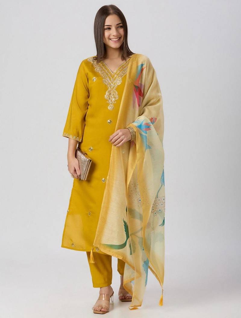 Yellow silk blend printed kurta set