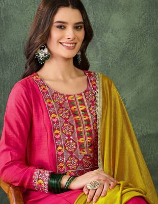 Women's Gorgeous Embroidery Work Vichitra Silk Fabric Flared Kurta Pant and Dupatta Set 2